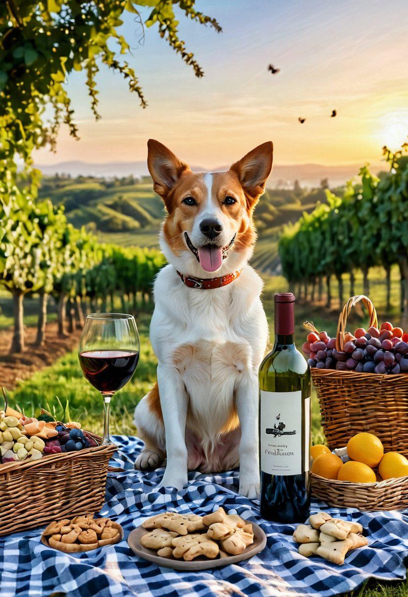 A whimsical outdoor picnic scene featuring a cheerful dog enjoying a glass of wine beside its owner, surrounded by lush vineyards and playful butterflies. The setting is bright and inviting, with an assortment of wine bottles and dog treats laid out on a checkered blanket. The sun is setting, casting a golden hue over the scene, symbolizing warmth and companionship. super-realistic. vibrant colors. 3D.