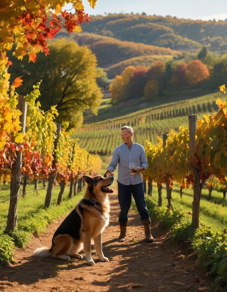 A joyful vineyard scene with lush grapevines under the golden sun, where a playful dog leaps through the vines, a winemaker smiling nearby holding a glass of wine. In the background, rolling hills create a serene landscape, and colorful autumn leaves add warmth to the setting. Cheerful and harmonious atmosphere, showcasing the bond between viniculture and dogs. vibrant colors. super-realistic.