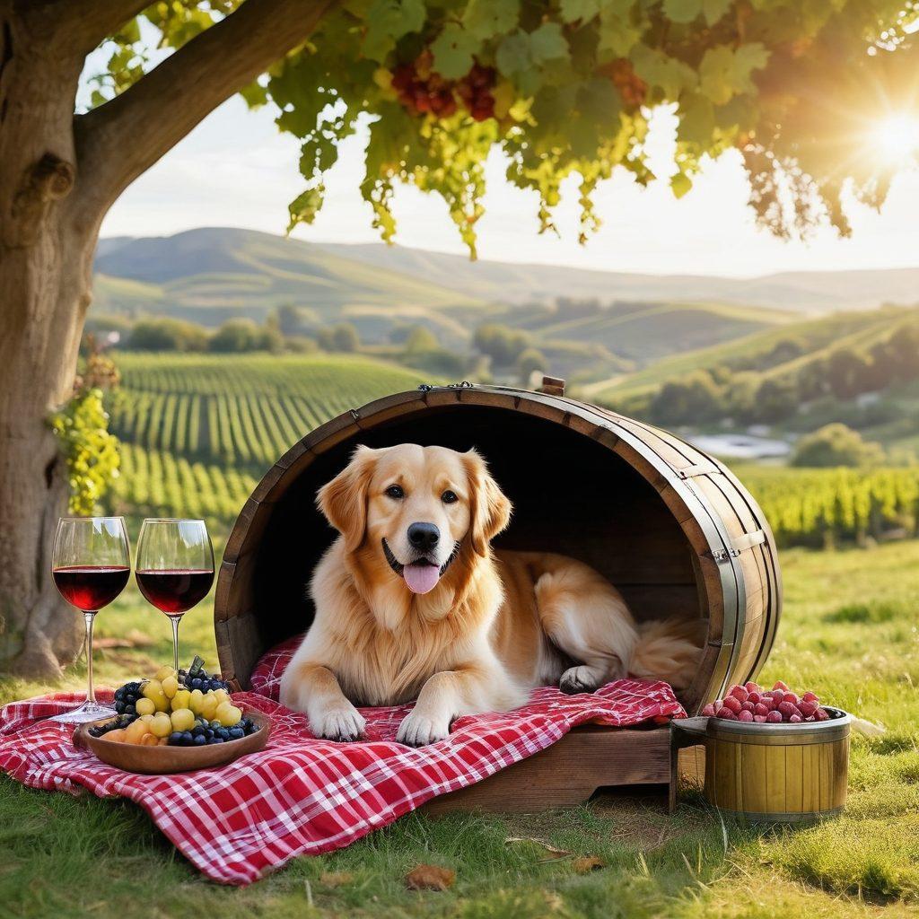 A cozy vineyard scene with a joyful golden retriever wagging its tail beside a rustic picnic setup adorned with a bottle of red wine, glasses, and a lavish spread of gourmet snacks. Sunlight filters through luscious grapevines, casting playful shadows, while a backdrop of rolling hills adds tranquility. Incorporate vibrant colors to evoke warmth and happiness, with whimsical touches like butterflies fluttering and a small wine barrel repurposed as a pet bed. super-realistic. vibrant colors. picturesque landscape.